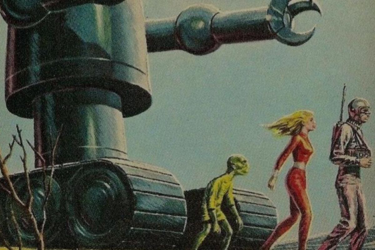 Vintage science fiction illustration showing three humanoid figures walking on what appears to be an alien planet's surface