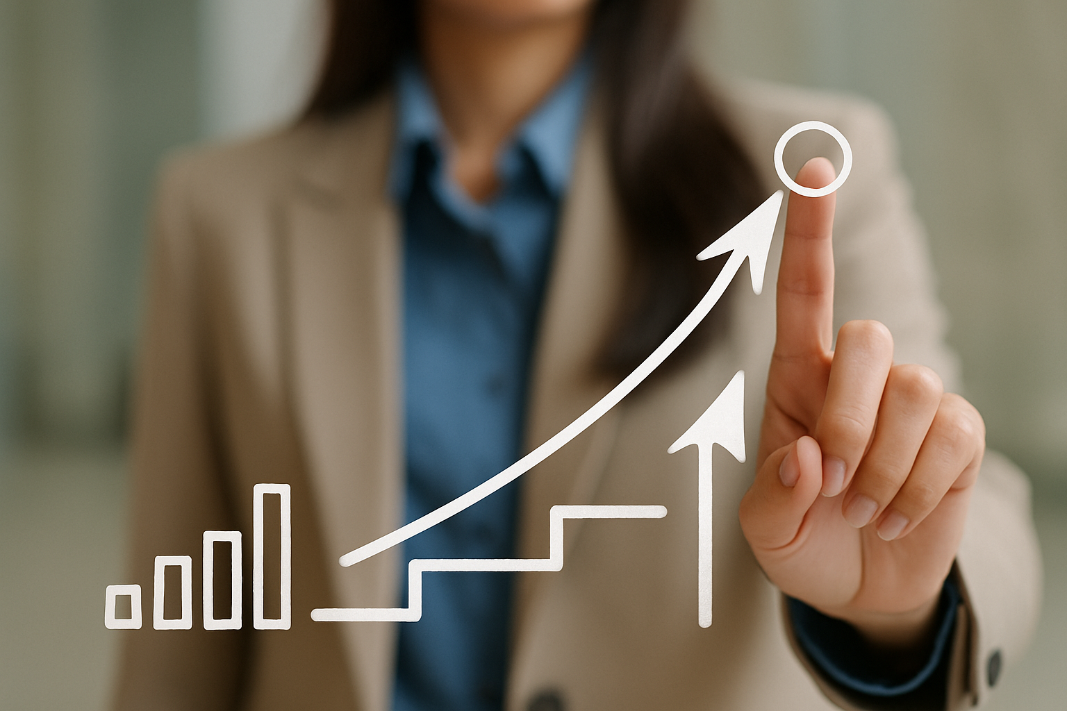 Graph showing growth woman behind it pointing