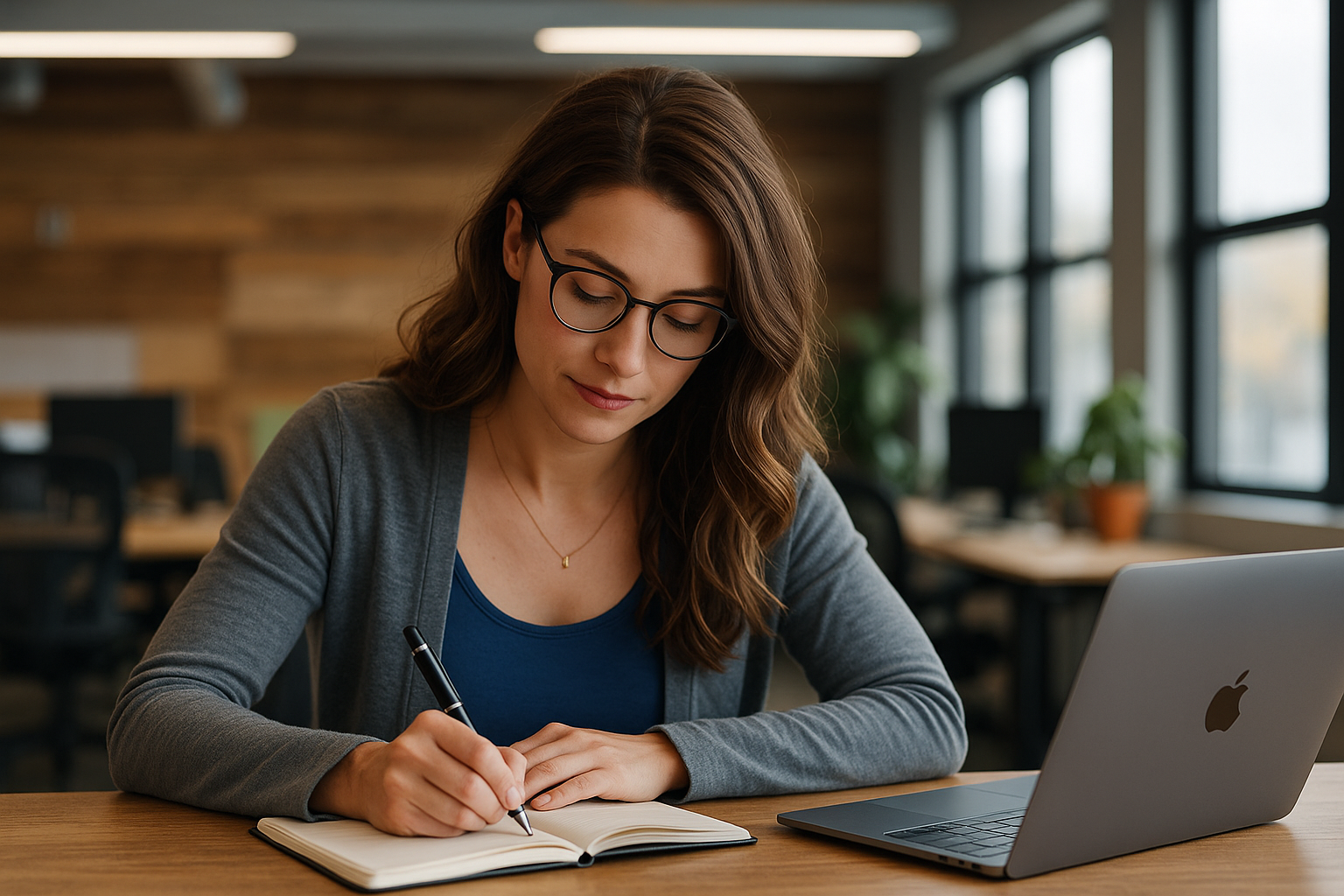 Woman in workplace practising mindfulness