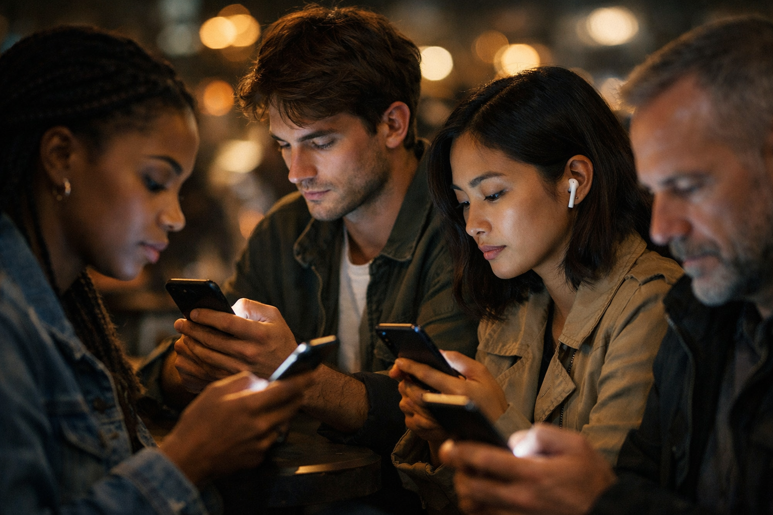 Engrossed in screens amidst city lights