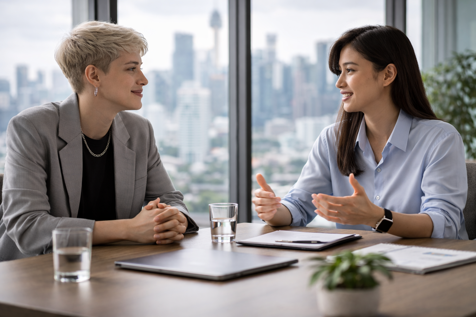 Professional meeting with urban backdrop