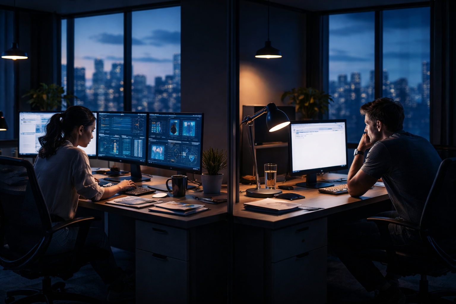 Focused contrasts in an office at dusk