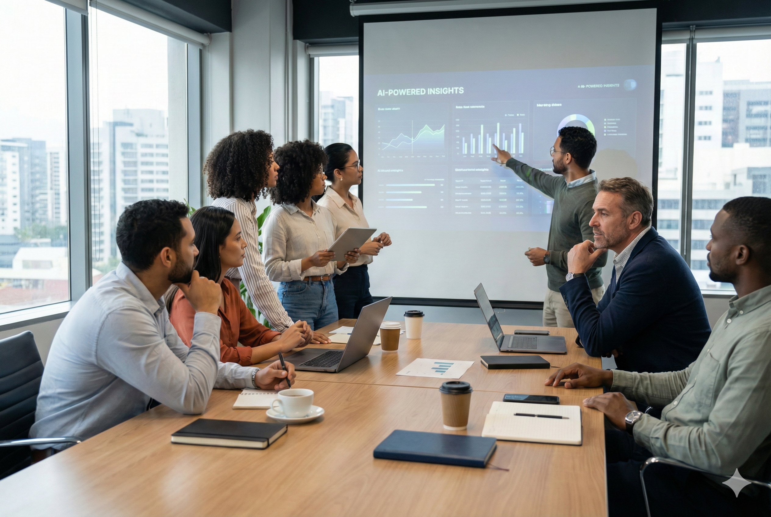 group of people in an office discussing marketing