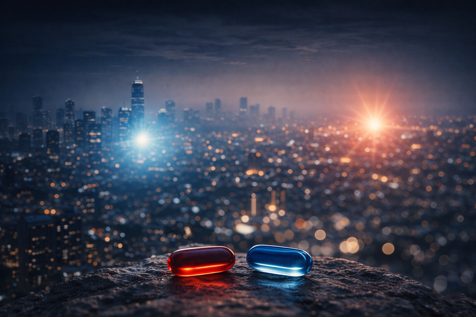 Red and blue pills over city lights