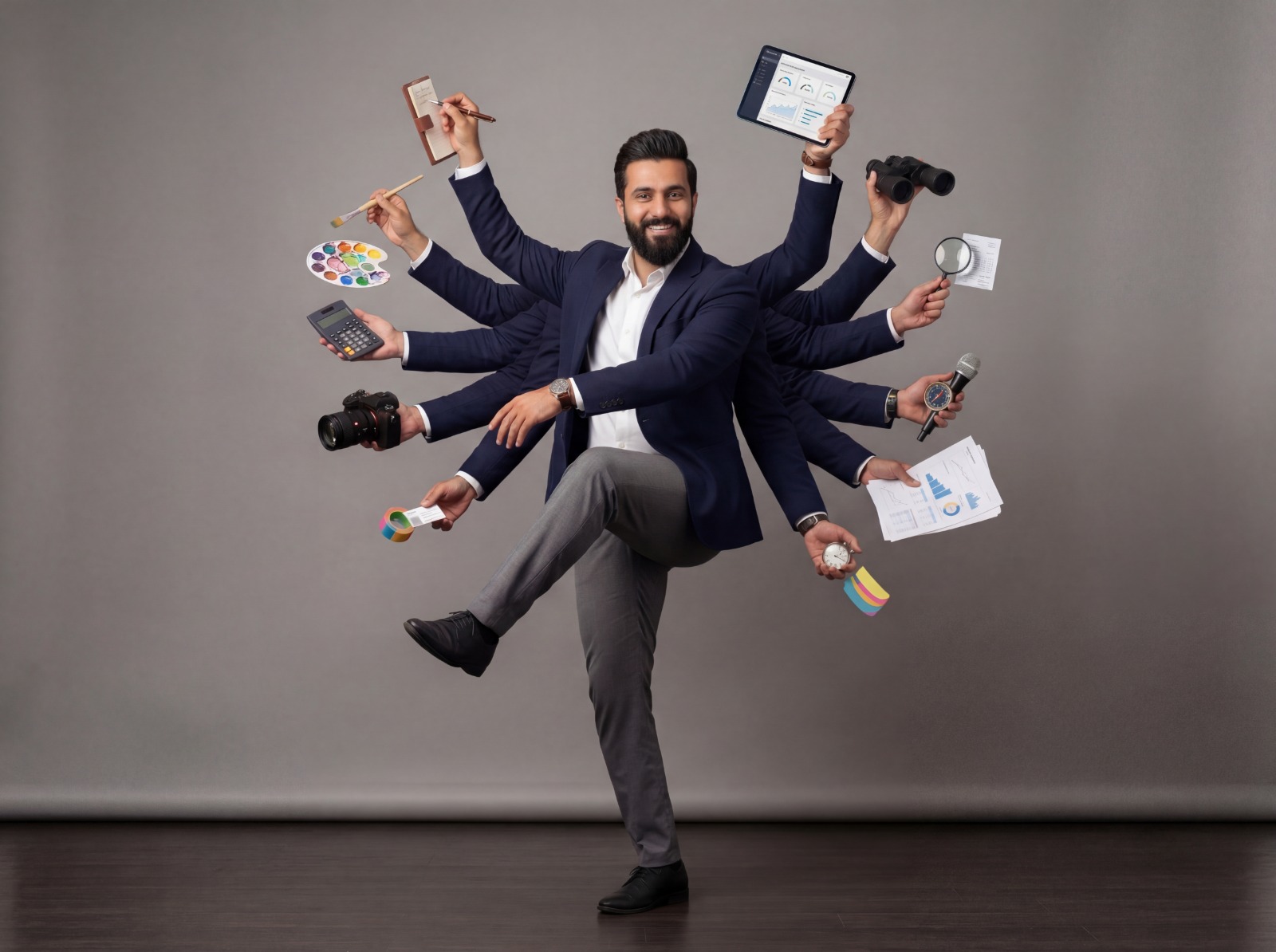 Man juggling all kind of tech