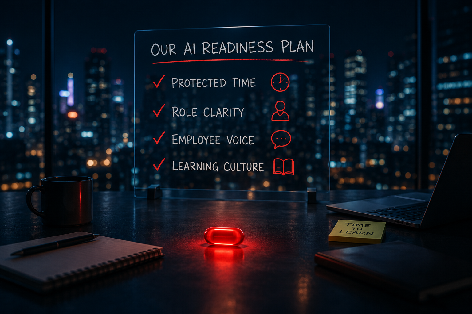 Futuristic office with AI readiness plan