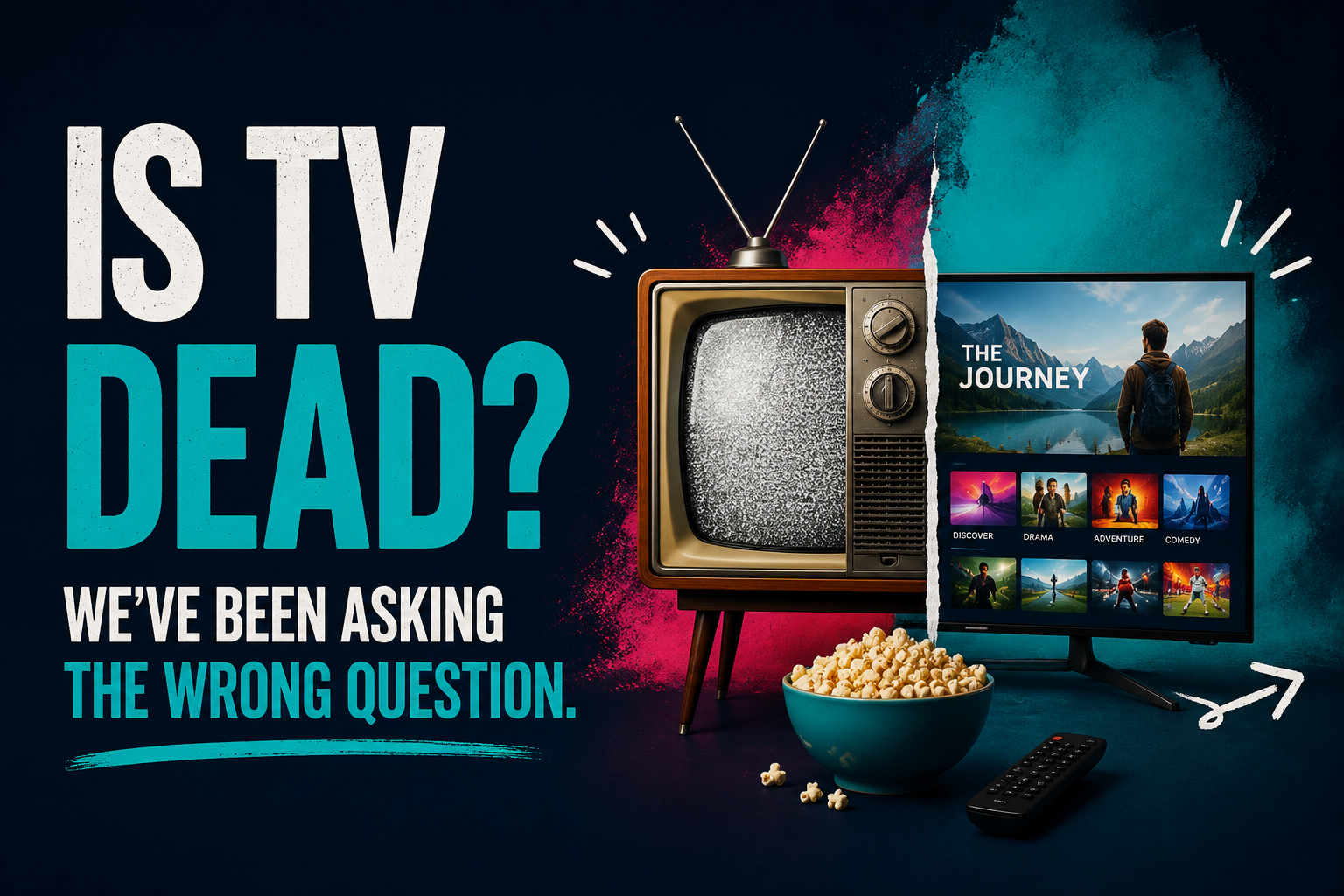 Graphic promoting an event titled "Is TV Dead? We've Been Asking the Wrong Question", featuring a vintage television alongside a modern streaming TV to illustrate the evolution of television and media consumption.