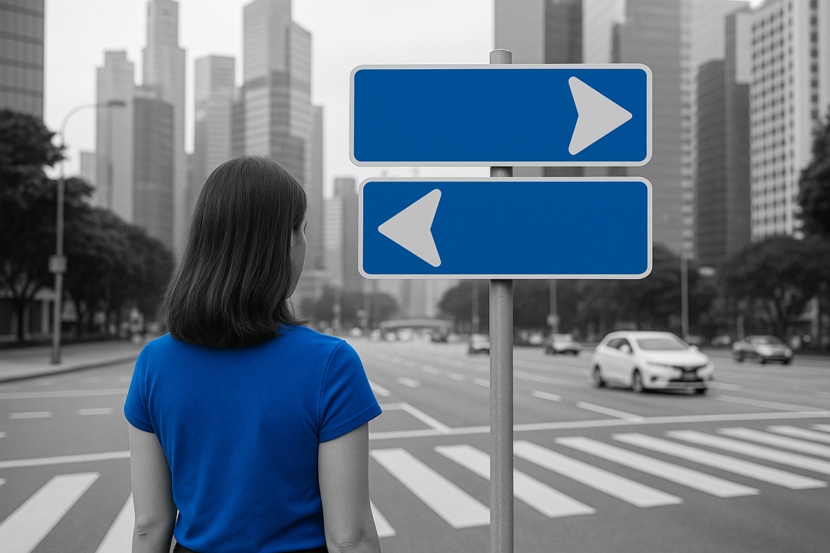 Woman standing at crossroads in her career