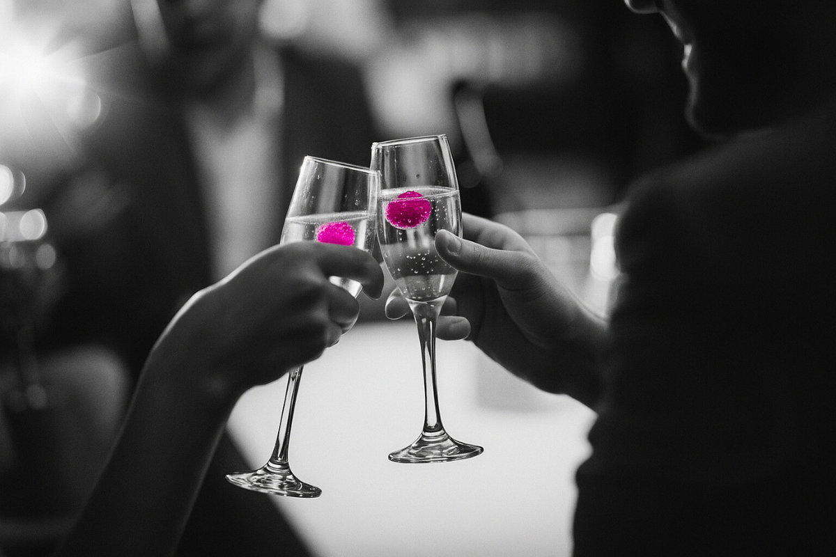 Two guests toasting with champagne glasses at The Marketing Society Hong Kong’s Summer Social, capturing the celebratory spirit of the evening at Happy Valley Racecourse.
