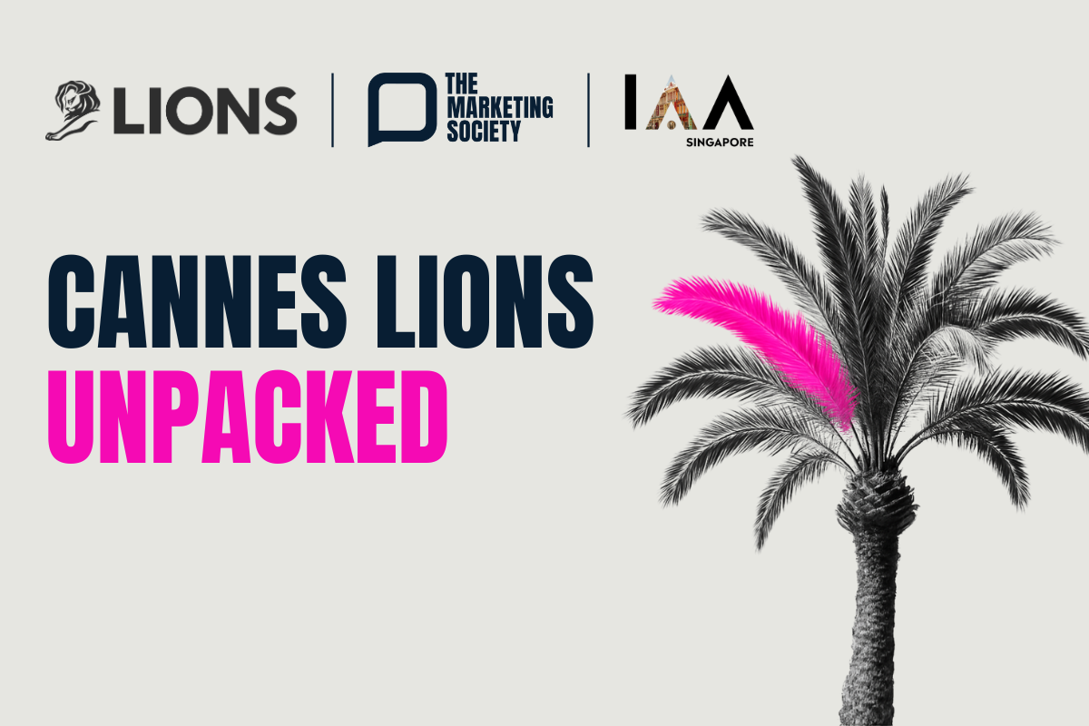 Graphic banner for “Cannes Lions Unpacked” featuring logos of LIONS, The Marketing Society, and IAA Singapore. The design includes a black-and-white palm tree with one bright pink frond, symbolising creativity and bold ideas.