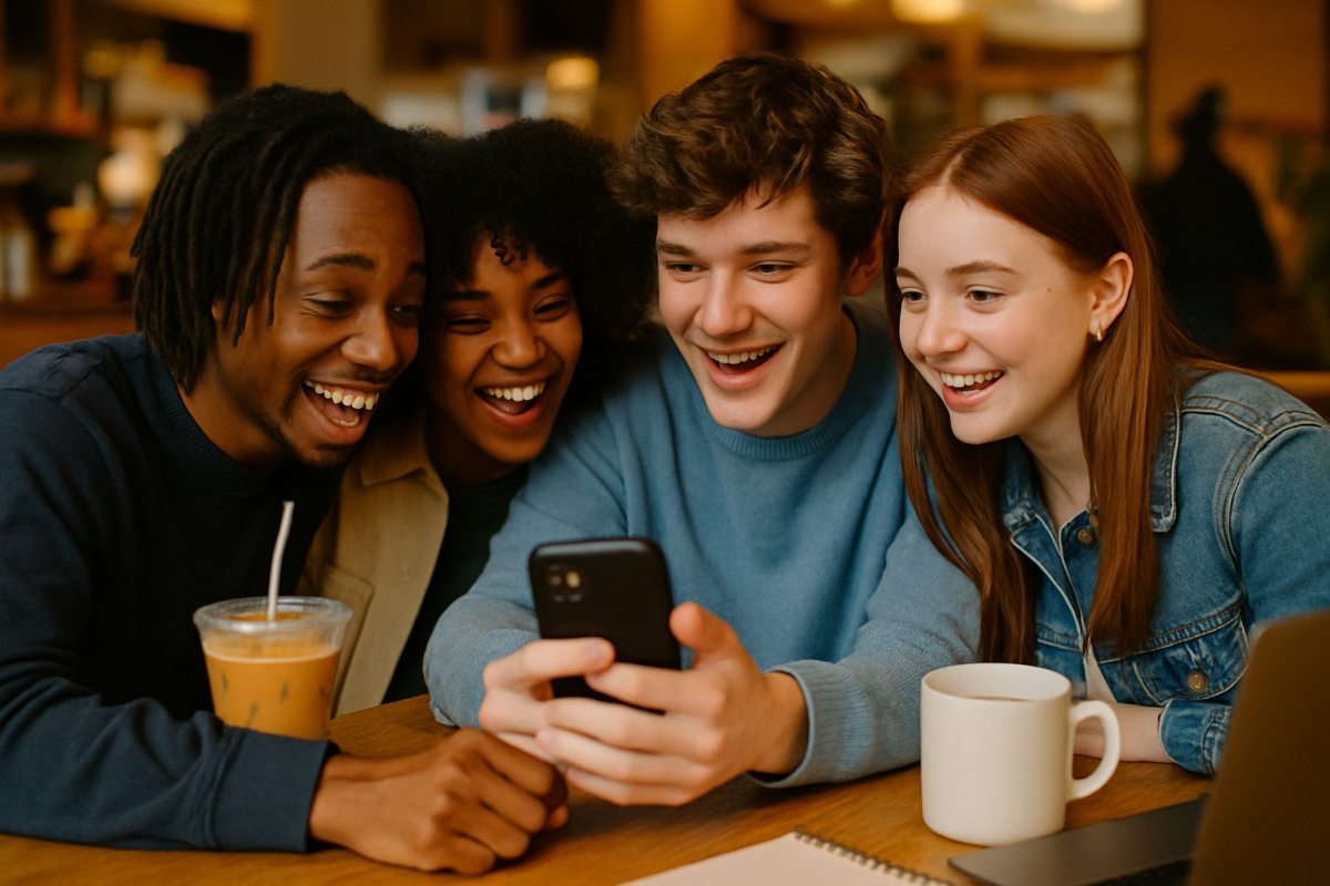 four friends looking at a phone in a relaxed coffee shop vibe