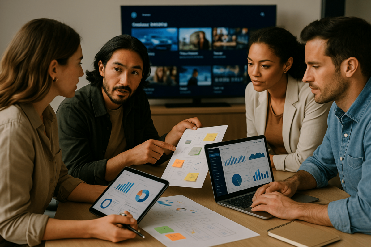 People gathered around a table talking marketing 