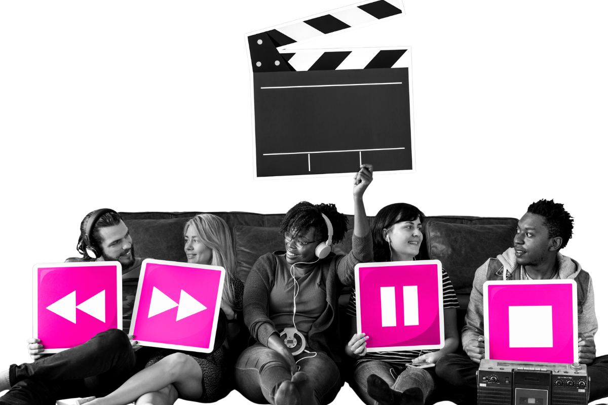 People holding media player icons and a clapper icon