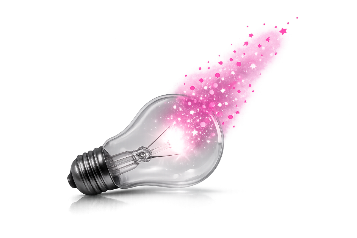Black and white image of a glass light bulb lying on its side, with a bright pink glow radiating from the filament and pink particles flowing outward against a transparent background.