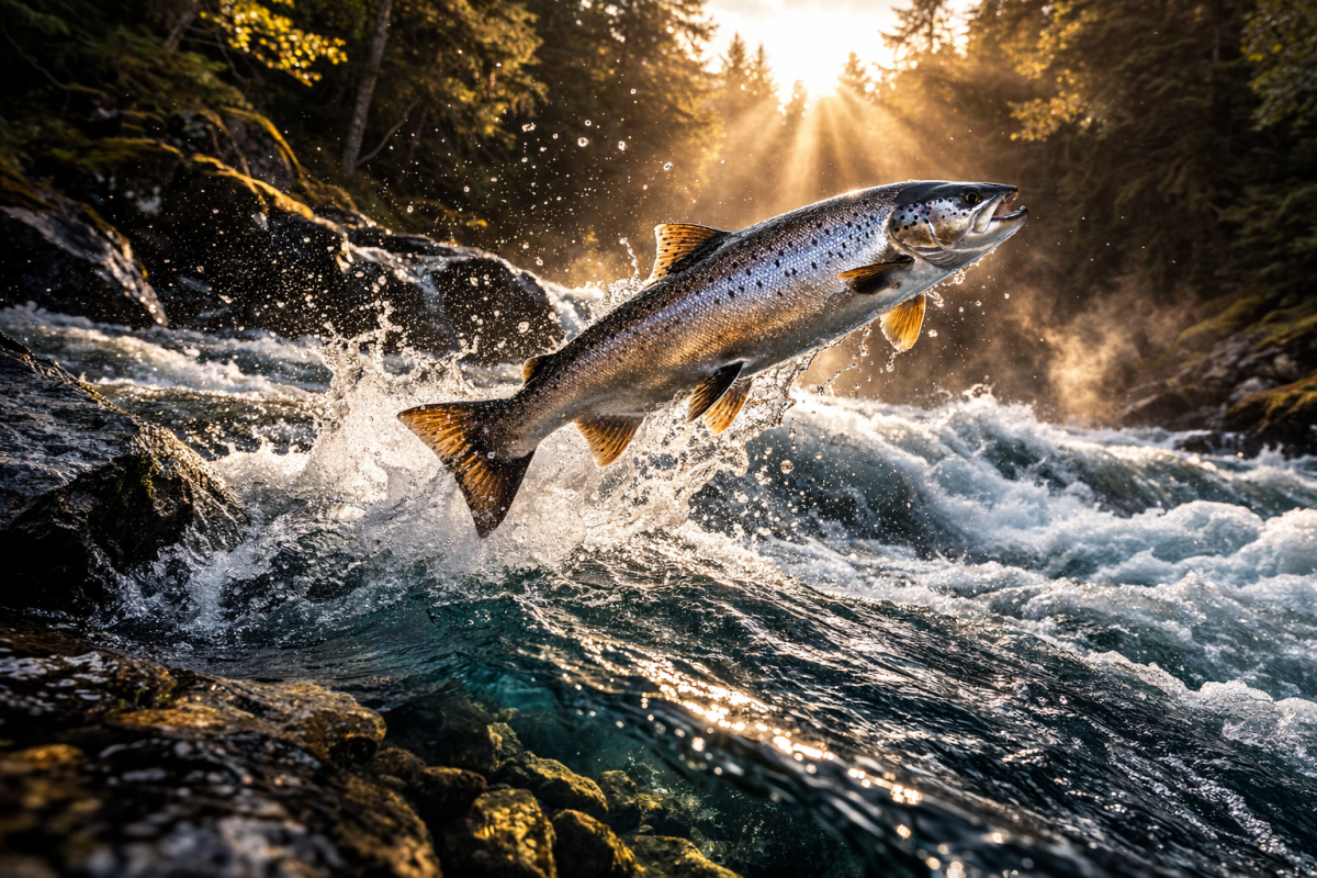 Salmon soaring over wild rapids