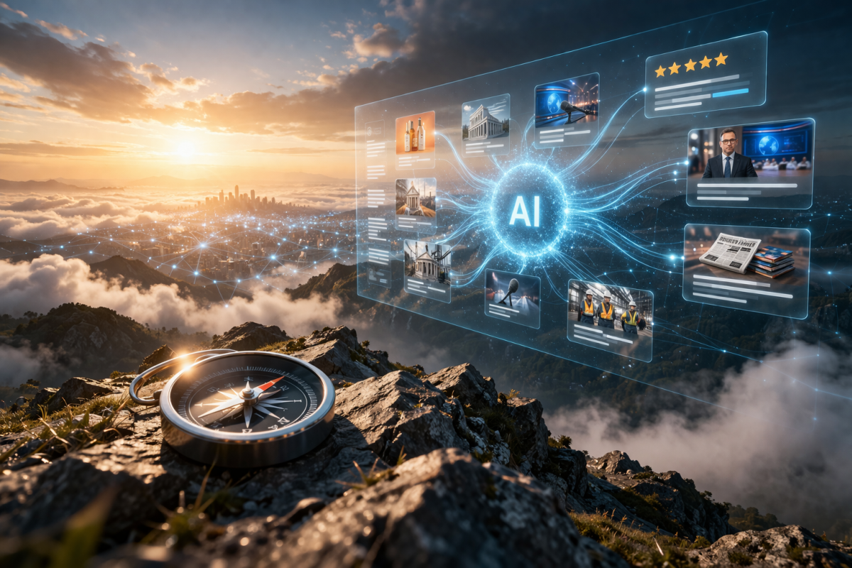 Futuristic landscape with AI interface