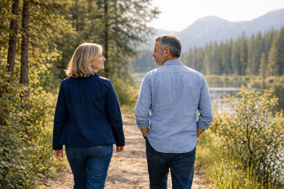 people walking together talking side by side