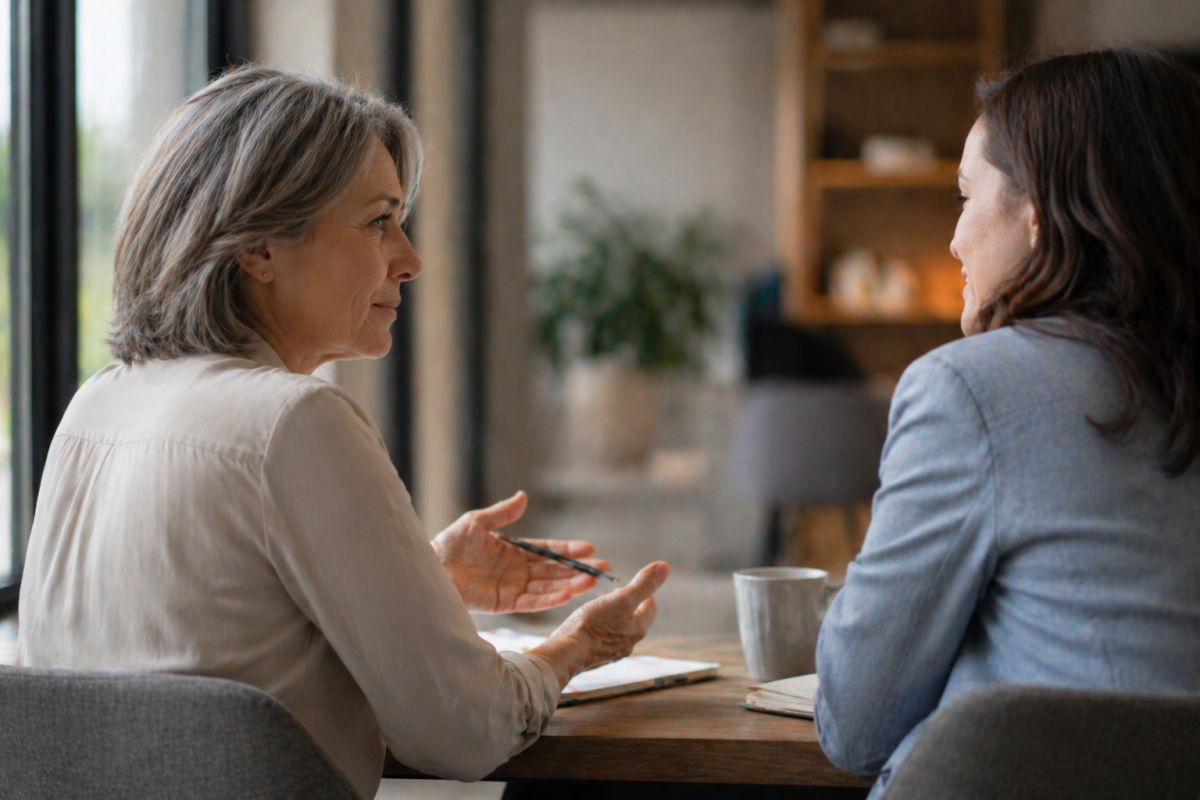 Engaged conversation in a cozy workspace