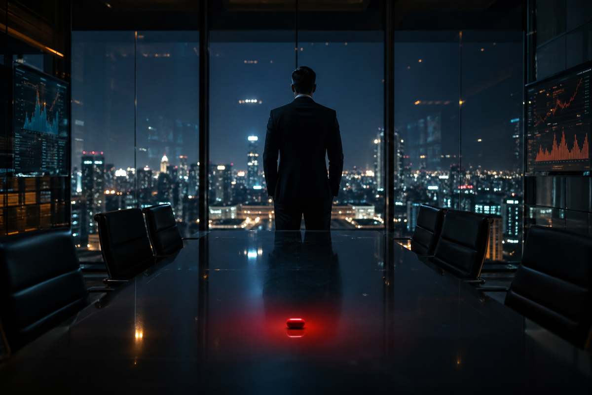 Contemplative executive in a high-rise boardroom  