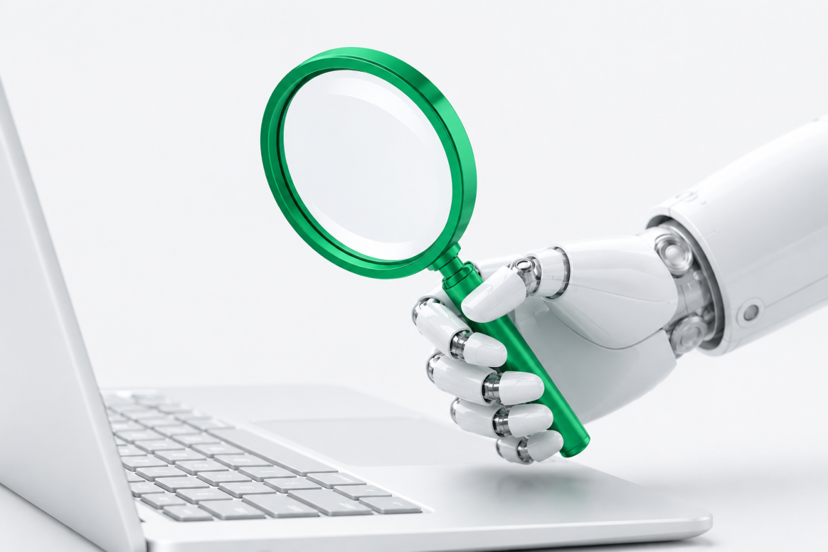 Minimalist white and slate-toned 3D illustration of a robotic hand holding a bright green magnifying glass above a sleek white laptop. The clean white background and futuristic design create a modern AI, search, and technology-focused visual.