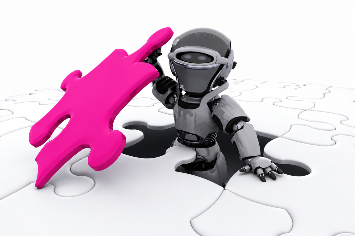 A futuristic robot emerges from a white jigsaw puzzle while holding a bright pink puzzle piece, symbolising AI-driven problem solving and discovery.
