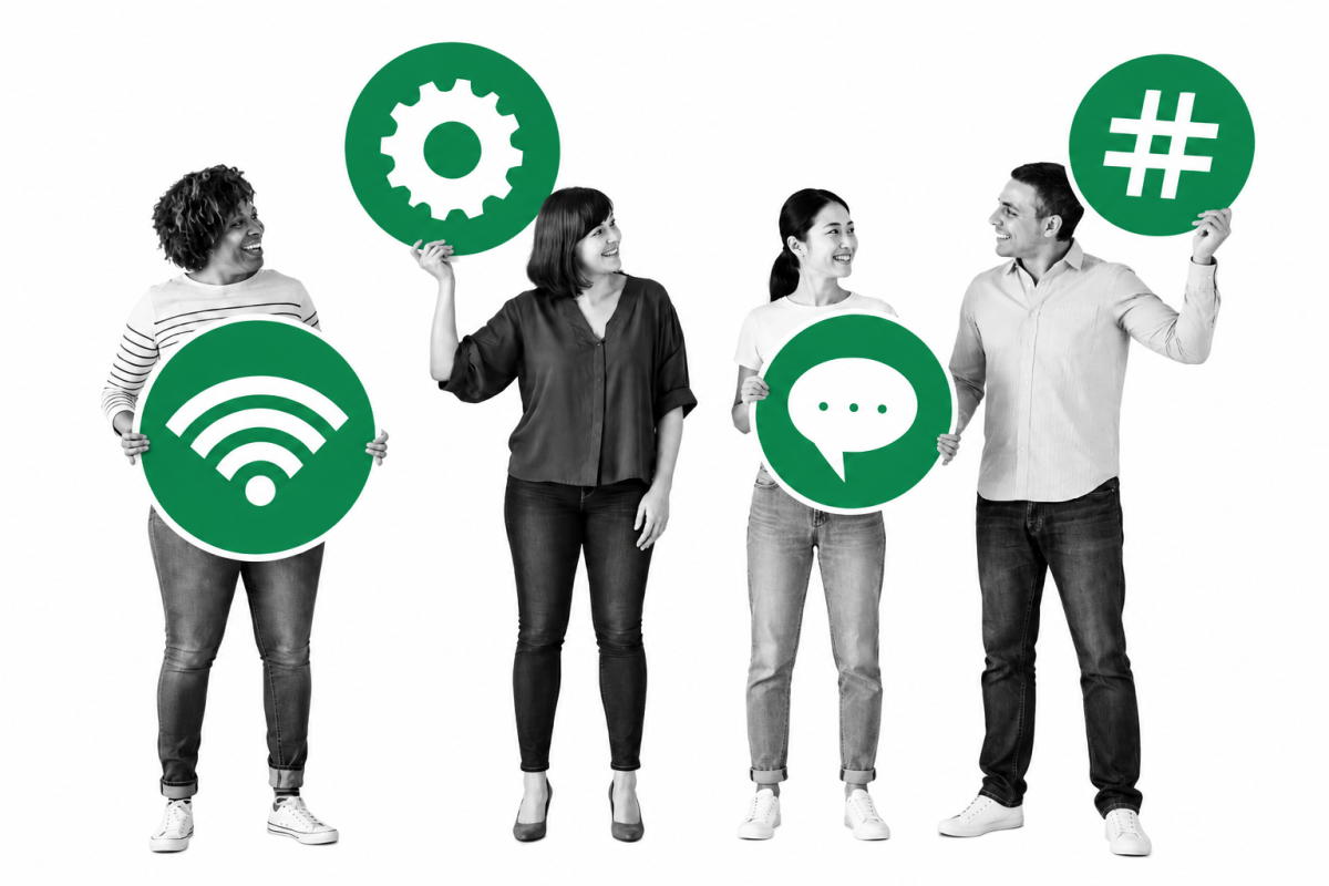 Four diverse professionals in black and white hold bright green icons representing connectivity, collaboration, communication and digital culture.