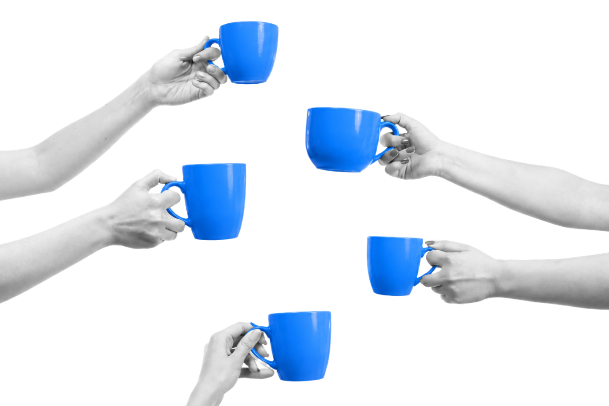 Grayscale image of several hands raising identical blue coffee mugs together, representing open conversation, shared perspectives and connection.
