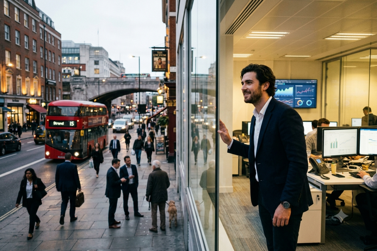 Man standing in office above London street
