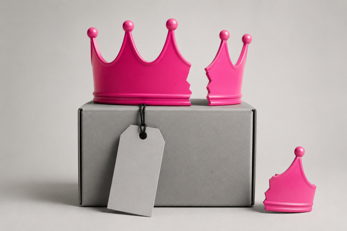 Grayscale product box with a blank hanging tag, topped by a bright pink crown broken into separate pieces, symbolising a brand that has not fully earned premium status.