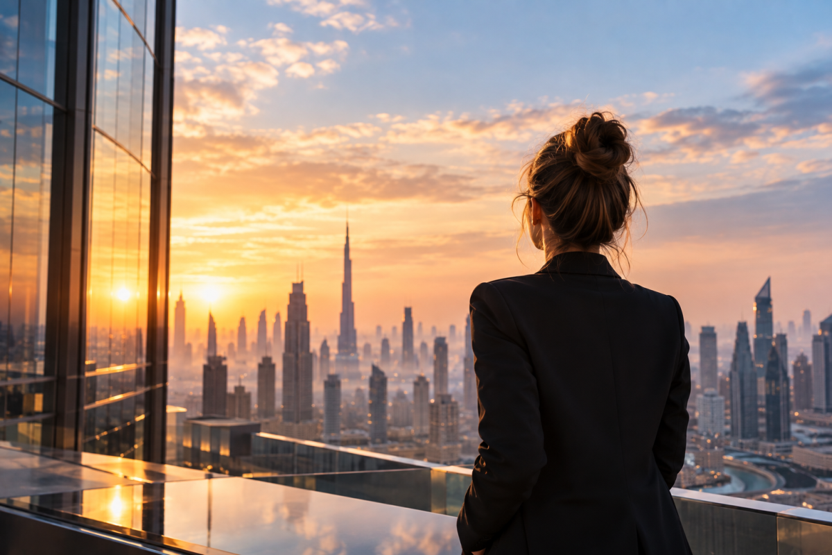 A woman in a dark business suit stands on a rooftop overlooking a modern city skyline at sunset, symbolising ambition, leadership and human vision in the age of AI.