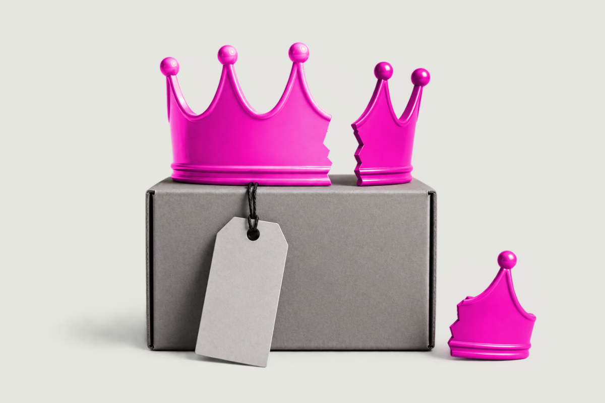 Grayscale product box with a blank hanging tag, topped by a bright pink crown broken into separate pieces, symbolising a brand that has not fully earned premium status.