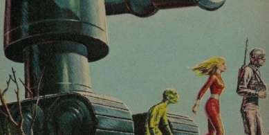 Vintage science fiction illustration showing three humanoid figures walking on what appears to be an alien planet's surface