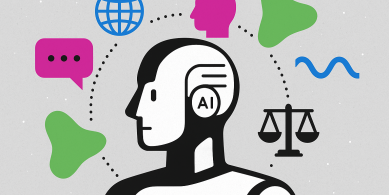Black and white illustration of a humanoid AI surrounded by colorful cultural symbols including a globe, speech bubble, scale, and abstract shapes.