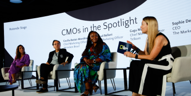 Three CMOs on stage in panel interview with Sophie Devonshire