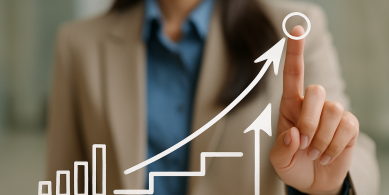 Graph showing growth woman behind it pointing