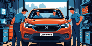 Car showing career MOT and four mechanics