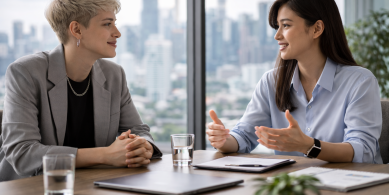 Professional meeting with urban backdrop