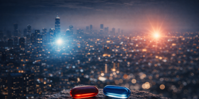 Red and blue pills over city lights