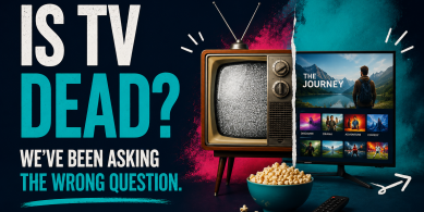 Graphic promoting an event titled "Is TV Dead? We've Been Asking the Wrong Question", featuring a vintage television alongside a modern streaming TV to illustrate the evolution of television and media consumption.