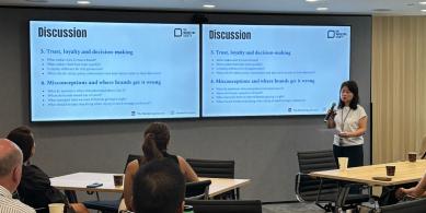 Speaker Megan Ho addressing the members at the Coffee & Conversation: Understanding and Reaching Gen Z intimate session