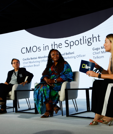 Three CMOs on stage in panel interview with Sophie Devonshire