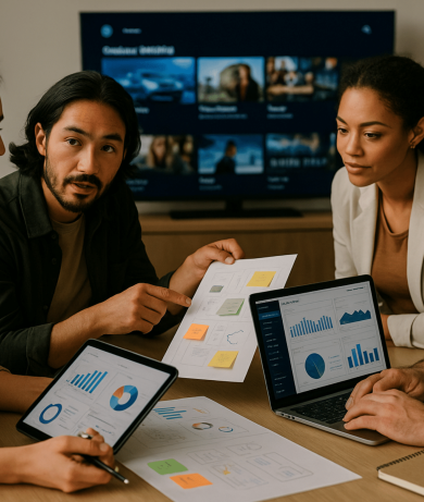 People gathered around a table talking marketing 