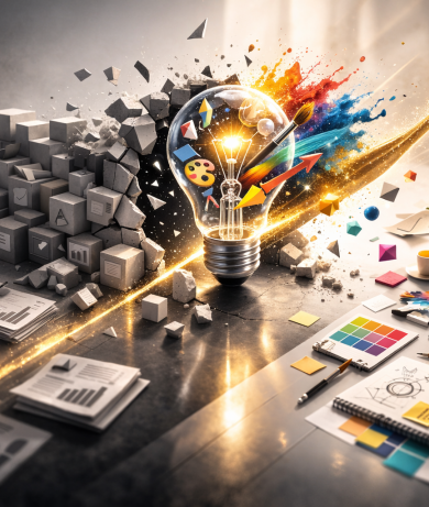 idea generation and lightbulb with papers