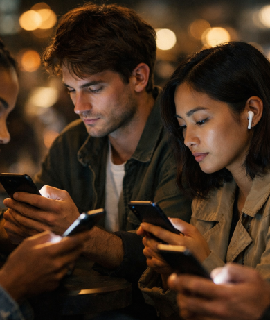 Engrossed in screens amidst city lights