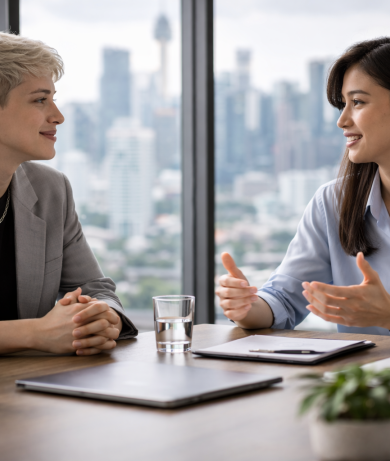 Professional meeting with urban backdrop