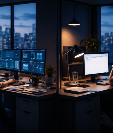 Focused contrasts in an office at dusk