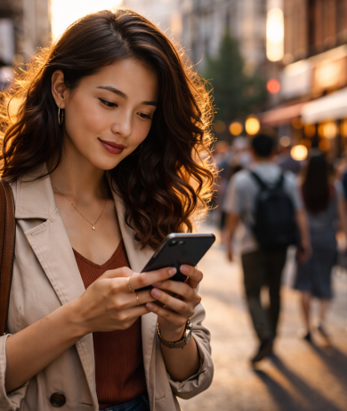 Woman with smartphone in golden hour glow