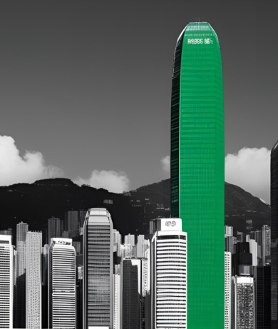 Hong Kong Skyline with green hued building