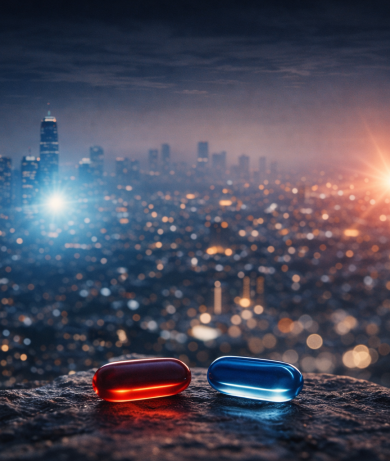 Red and blue pills over city lights