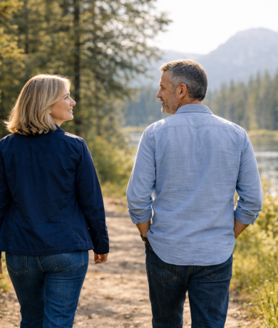 people walking together talking side by side